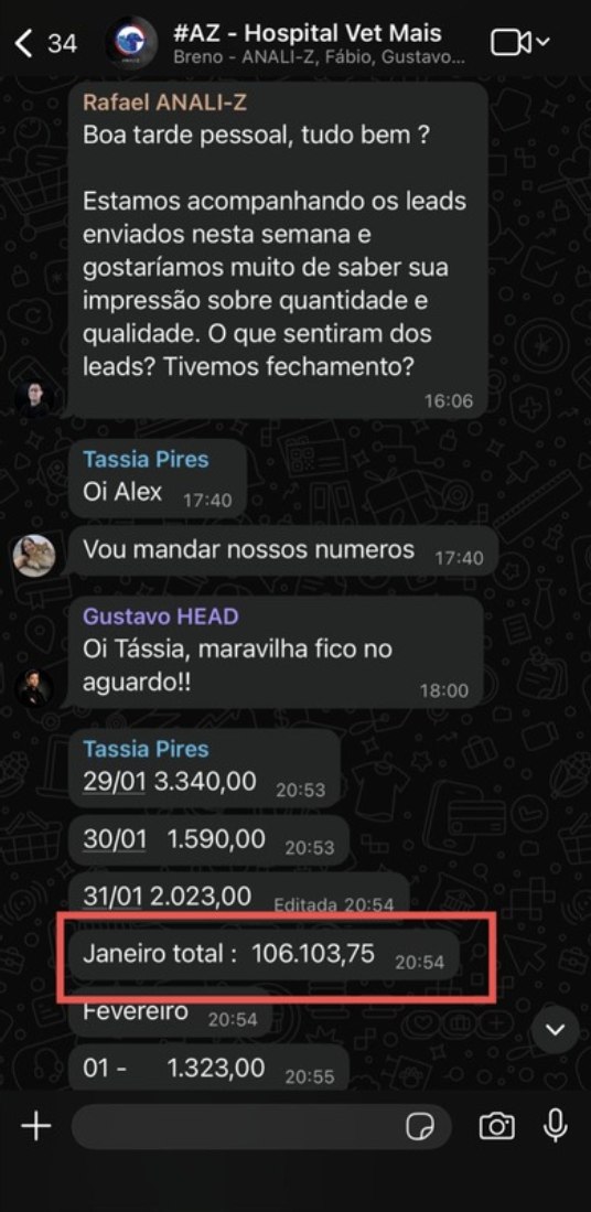 Cliente mandando os números dos leads: janeiro fechou em 106.103,75